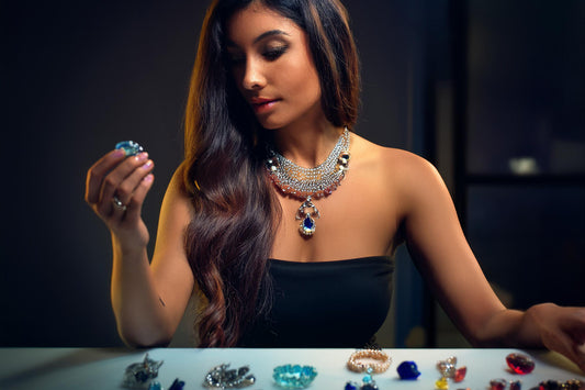 a beautiful woman (AI Generated Content) selecting gem stones and wearing a gemstone necklace