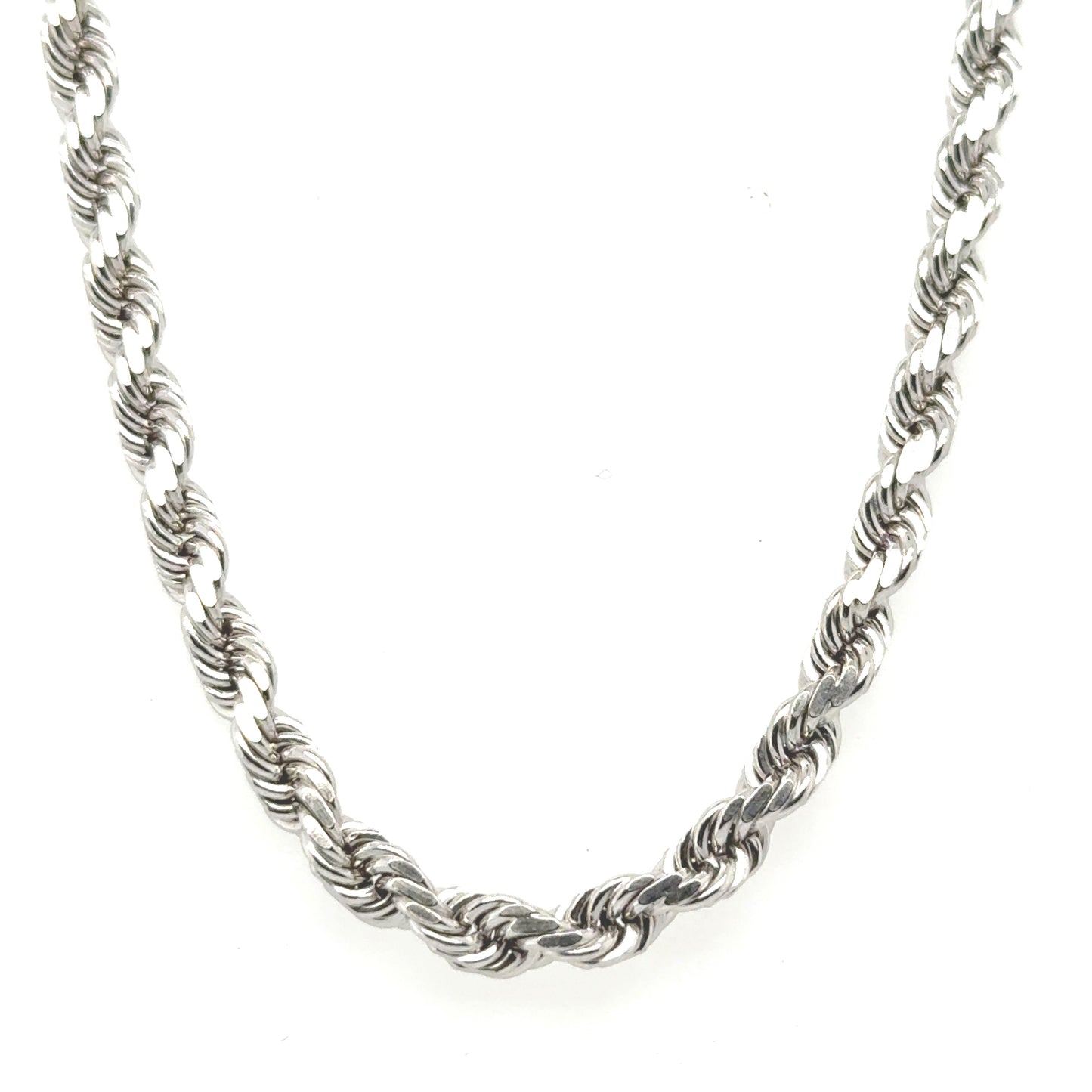 Solid rope chain crafted from 10K white gold with a 4mm width. pen_spark