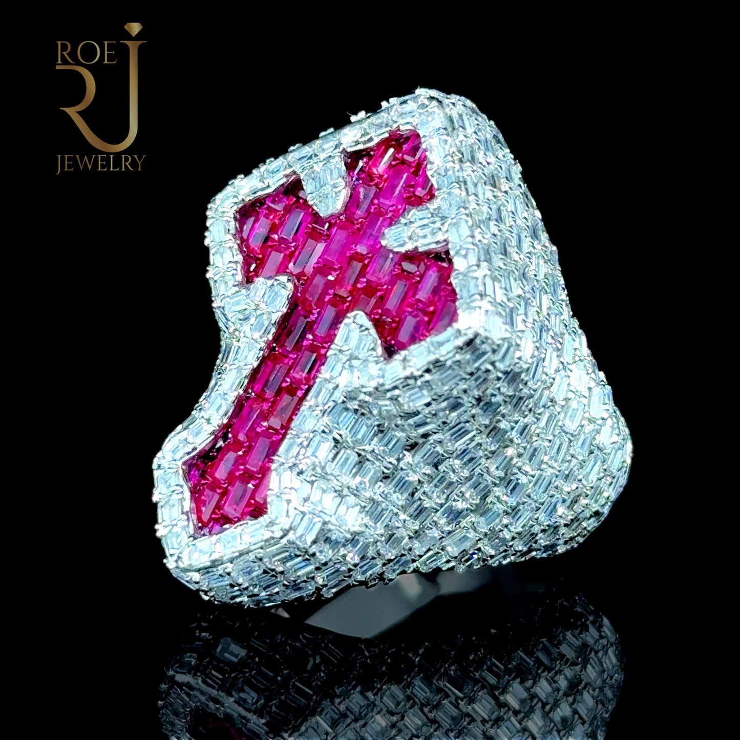 14K White Gold Cross Ring with Ruby Diamonds
