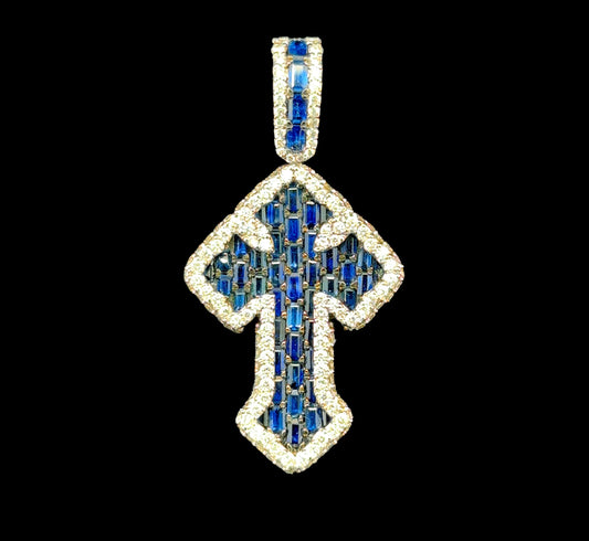 White gold cross pendant featuring 1.87 carats of diamonds and a 2.60ct sapphire.