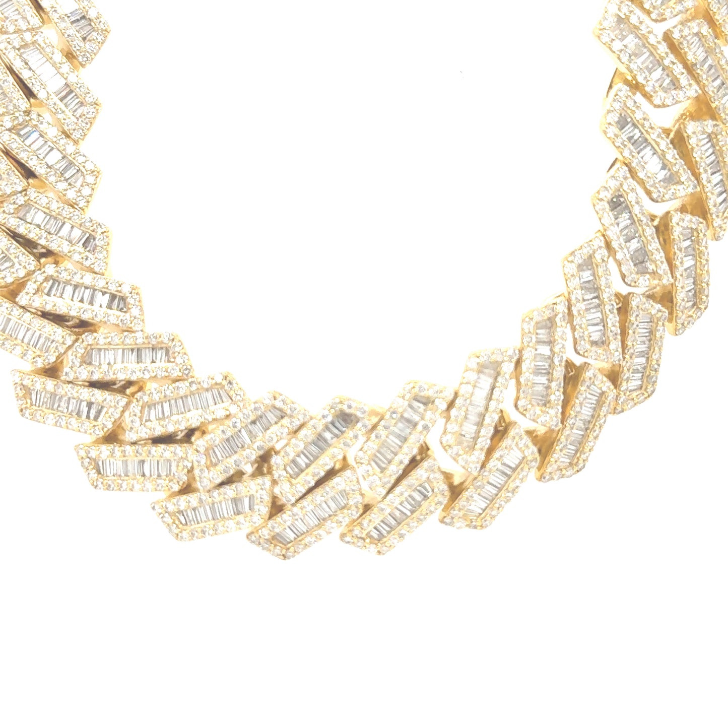 Jaw-dropping 18mm Miami Cuban chain in 10K yellow gold, ablaze with 35.28 carats of VS clarity, G color diamonds.
