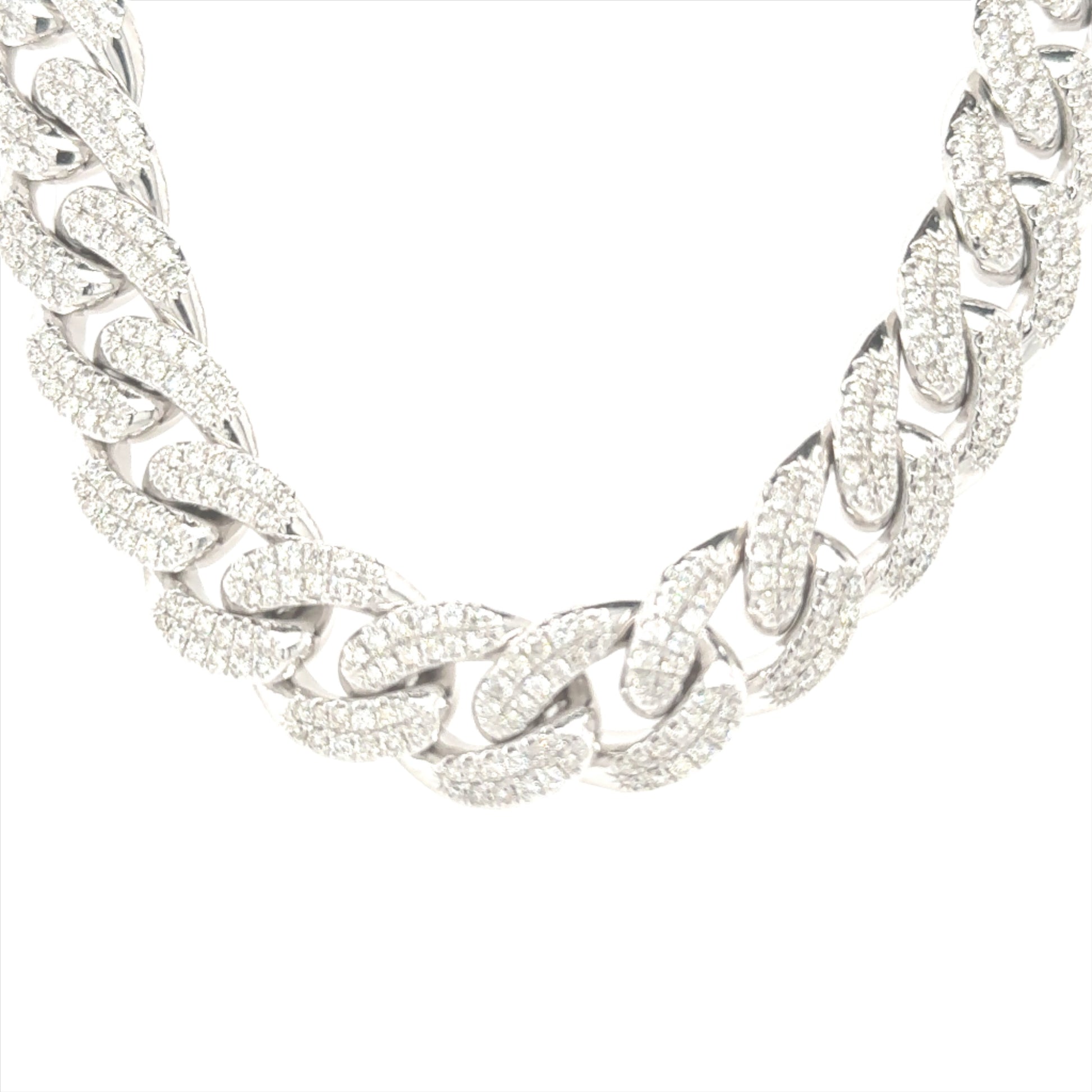 10K white gold 15mm Cuban link chain featuring 20.53 carats of VS-SI clarity, GH color diamonds.