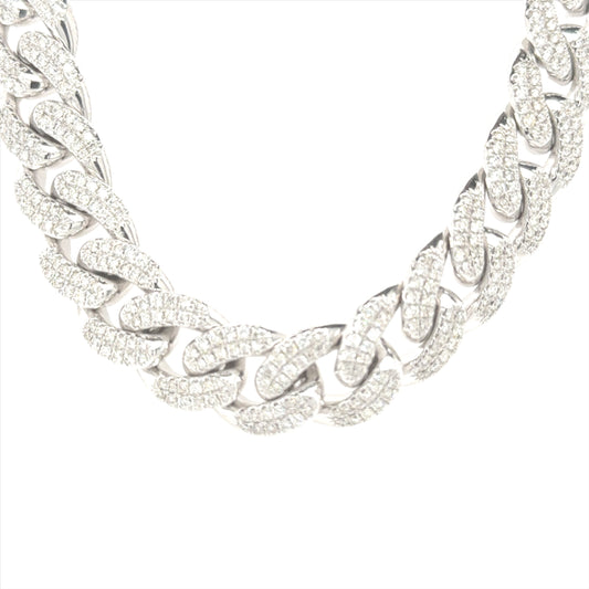 10K white gold 15mm Cuban link chain featuring 20.53 carats of VS-SI clarity, GH color diamonds.