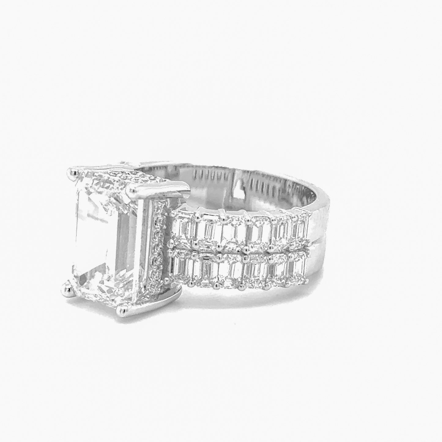 Regal Romance - 14K White Gold Lab Grown Emerald Cut Diamond Engagement Ring (7.25ct)