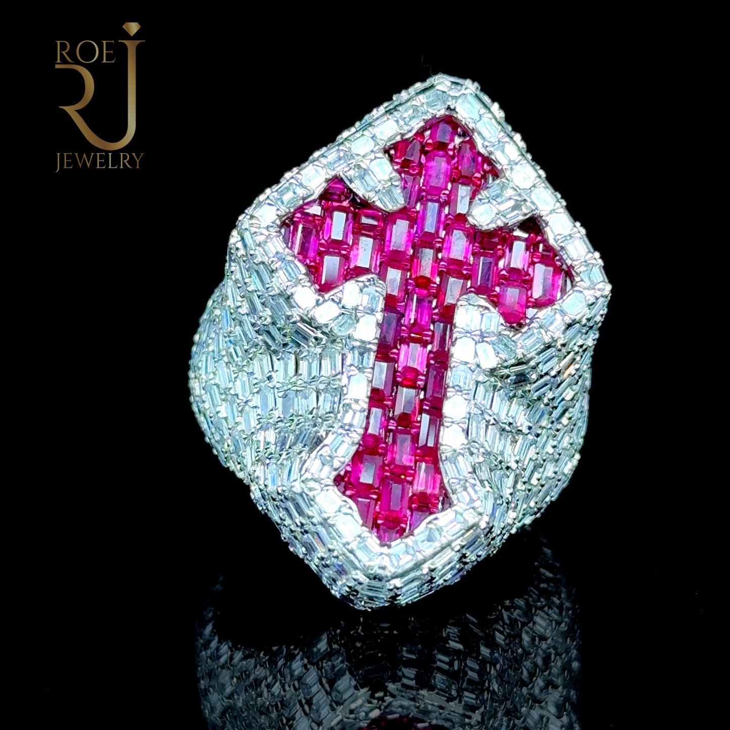 Stunning Ruby and Diamond Cross Ring _ 14K White Gold