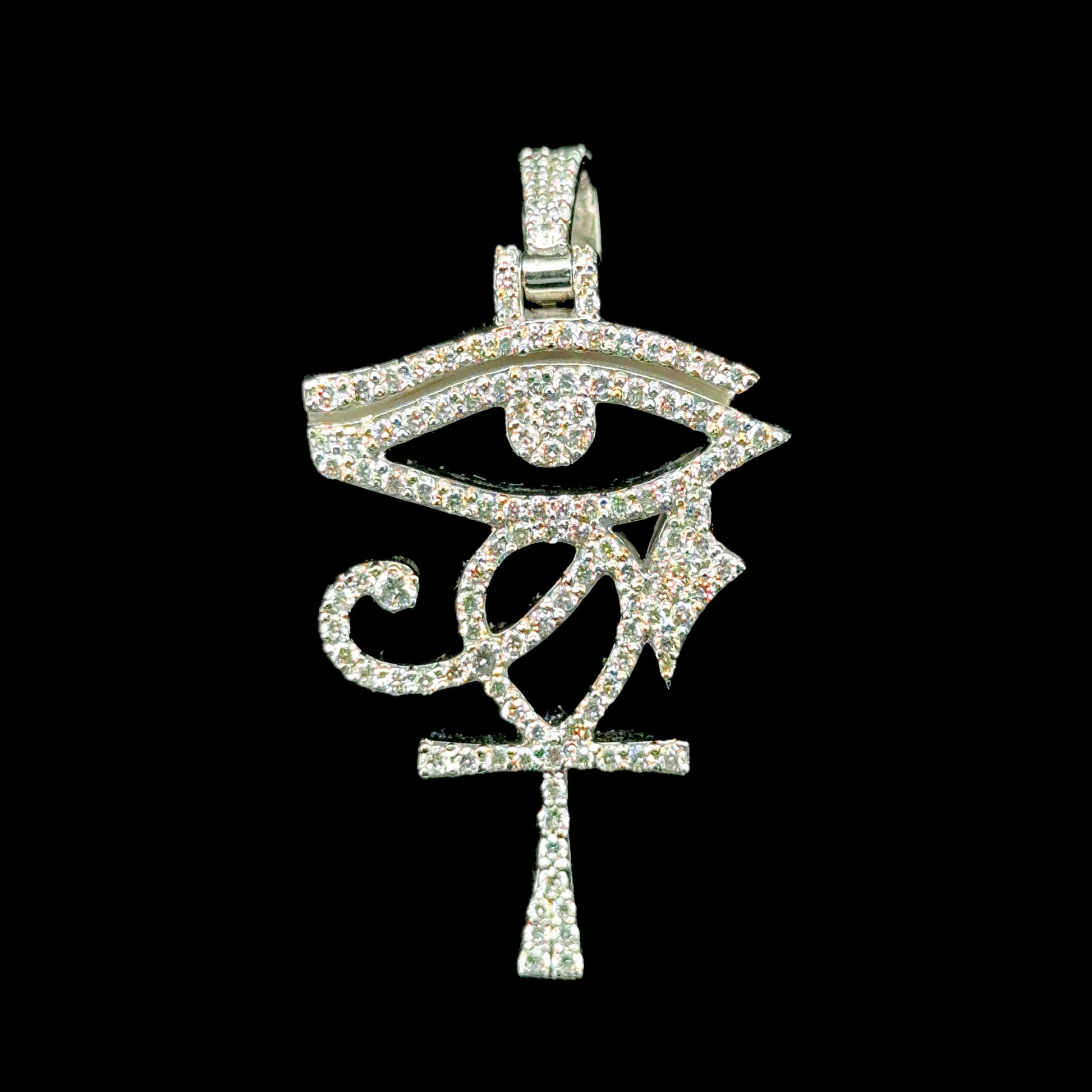 14K white gold pendant featuring the Eye of Ra, Ankh cross, and diamonds, 1.58ct.