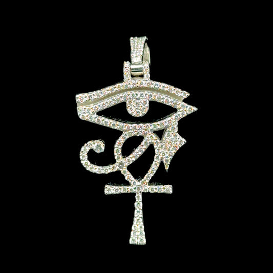 14K white gold pendant featuring the Eye of Ra, Ankh cross, and diamonds, 1.58ct.