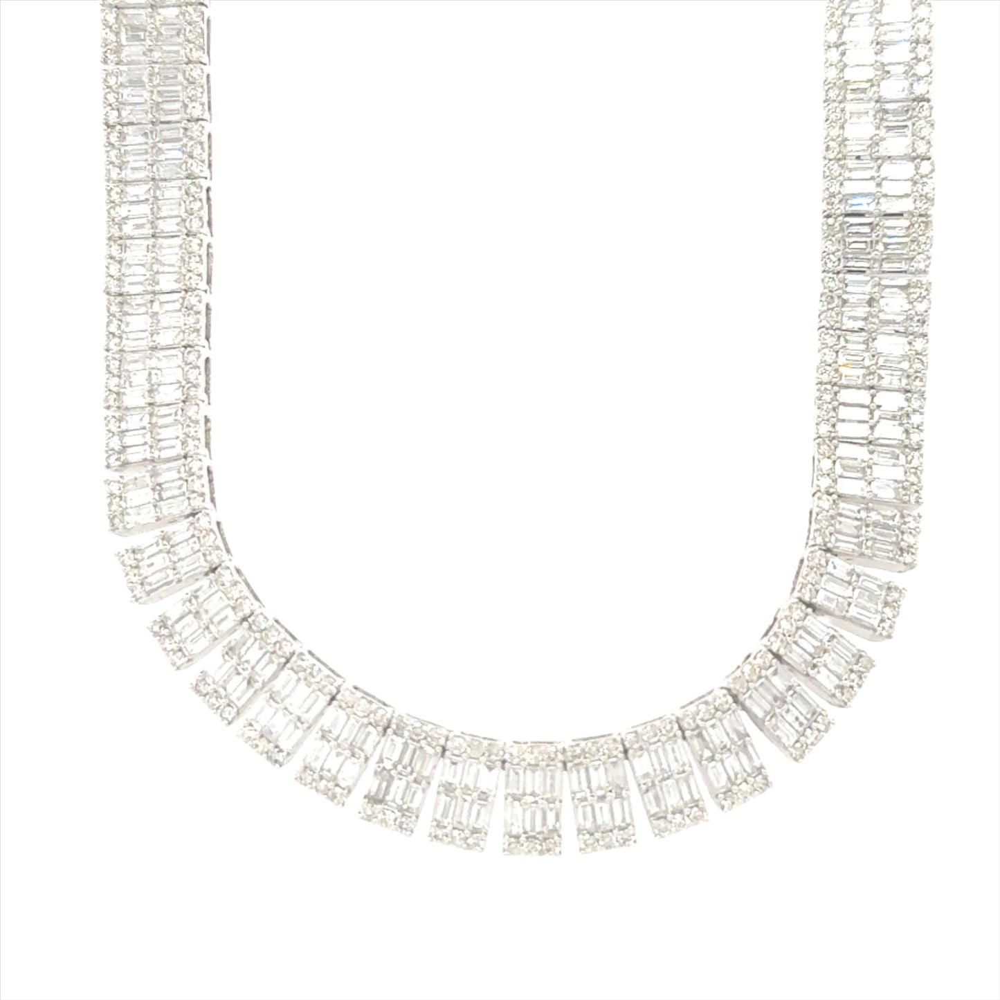 14K white gold tennis necklace featuring 19.50 carats of baguette-cut VS clarity, G color diamonds.