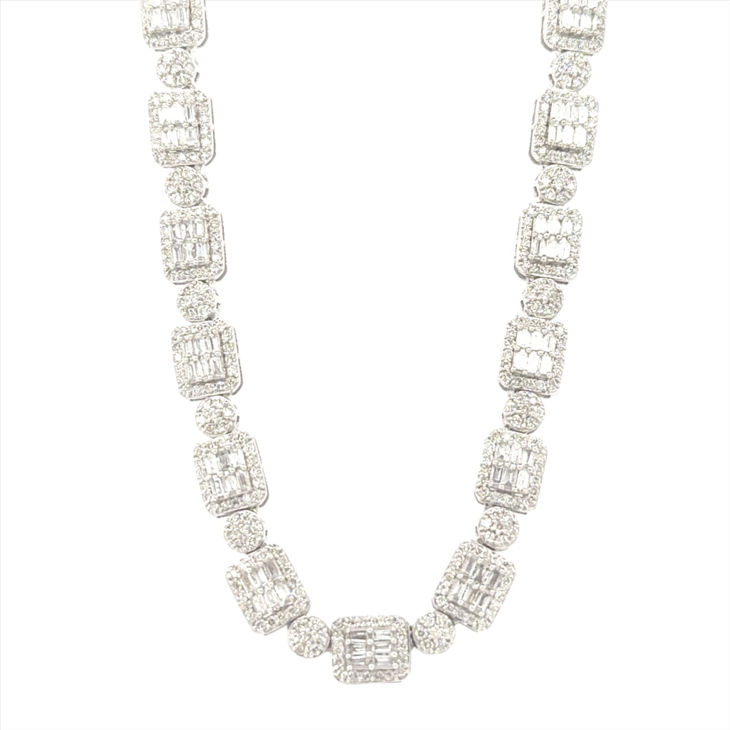 Luxurious white gold tennis necklace with 8.00 carats of sparkling diamonds.