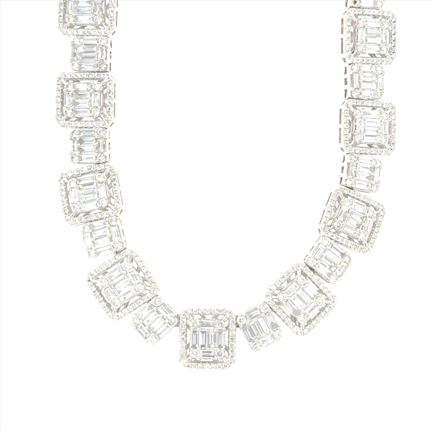 14K white gold tennis necklace featuring 20.00 carats of VS clarity, G color diamonds.