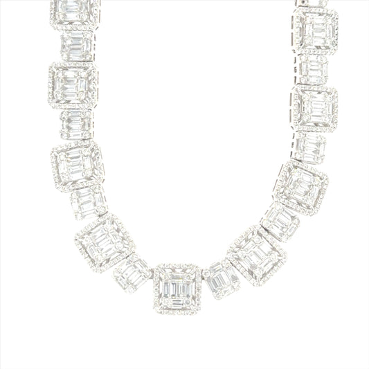 14K white gold tennis necklace featuring 20.00 carats of VS clarity, G color diamonds.