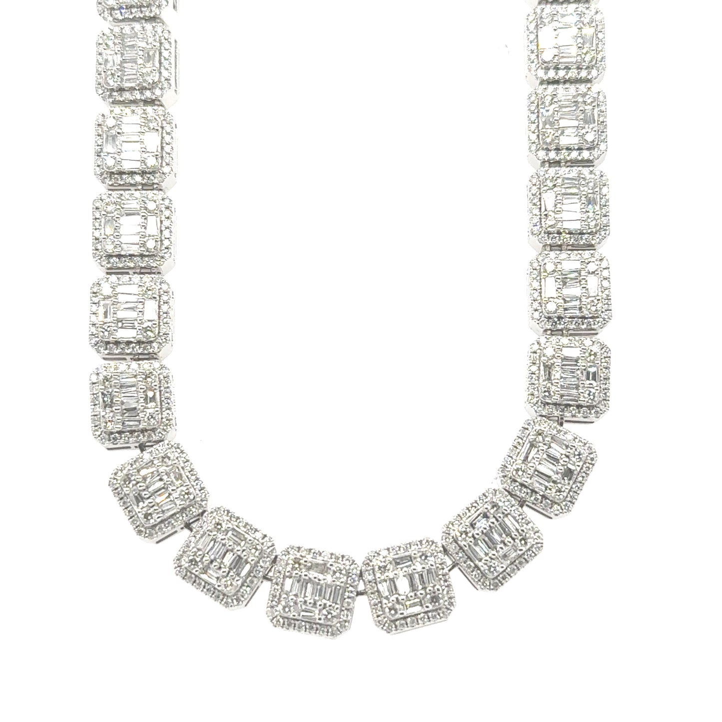 Exquisite 14K white gold tennis necklace adorned with 13.50 carats of sparkling diamonds.