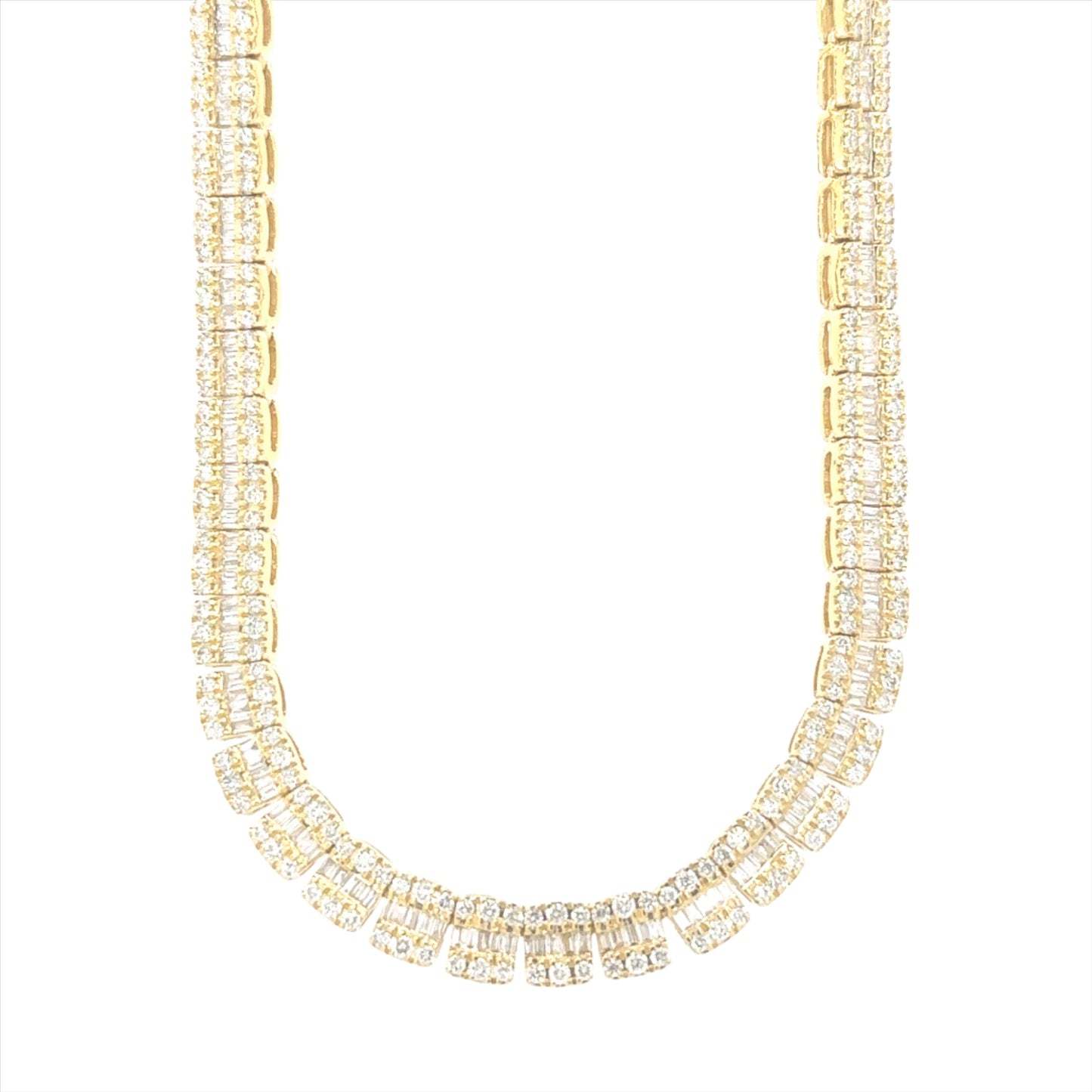 10K yellow gold tennis necklace featuring 9.71 carats of baguette-cut VS clarity, G color diamonds.