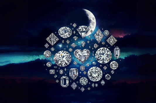 A collection of various diamond shapes, including round, pear, heart, and emerald cuts, sparkling against a night sky with a crescent moon