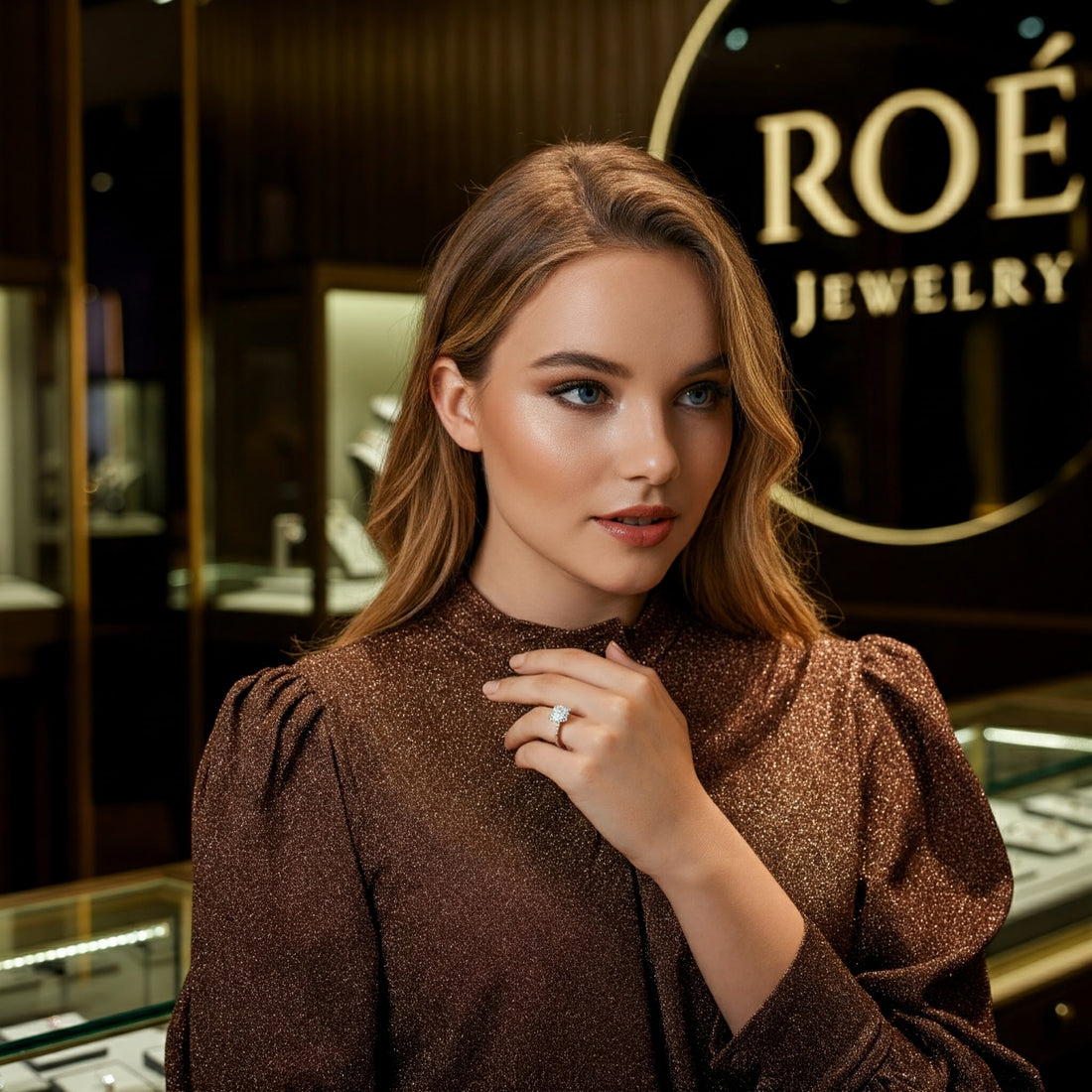Beautiful girl at ROE Jewelry store with a fancy diamond ring on her finger