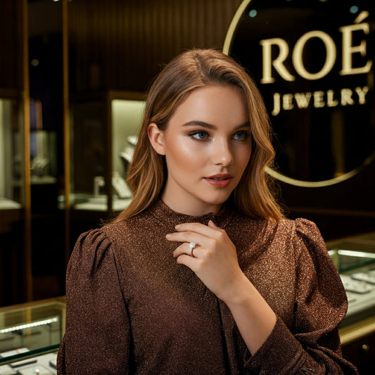 Beautiful girl at ROE Jewelry store with a fancy diamond ring on her finger