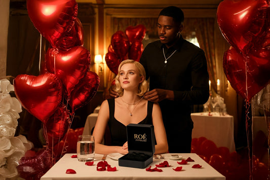 A photorealistic image of a man surprising a woman with a diamond necklace in a romantic restaurant setting. Red heart-shaped balloons and rose petals adorn the scene, while an empty ROE Jewelry box sits on the table.