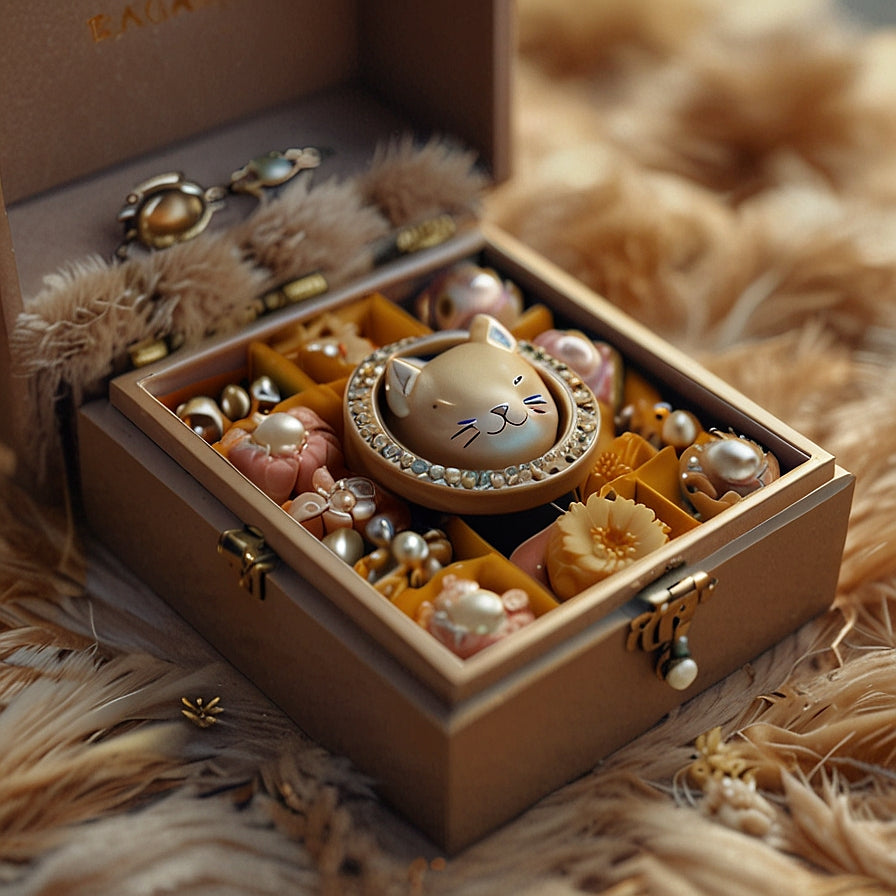 A gold jewelry box with a cat-shaped clasp, filled with colorful beads, pearls, and vintage jewelry.