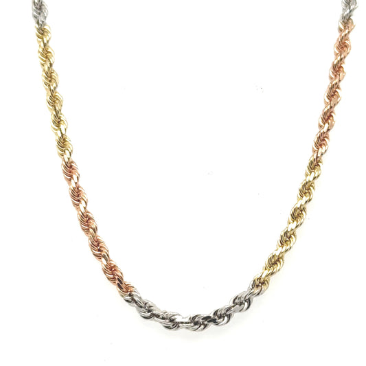 Solid 10K gold rope chain featuring a combination of rose gold, yellow gold, and white gold.