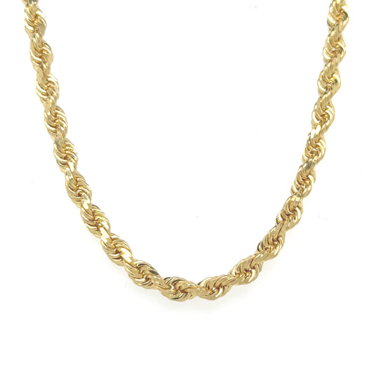 Solid 10K yellow gold rope chain with a 4mm width and classic design.
