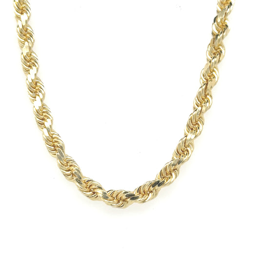 Solid rope chain crafted from 10K yellow gold with a 5mm width.  pen_spark