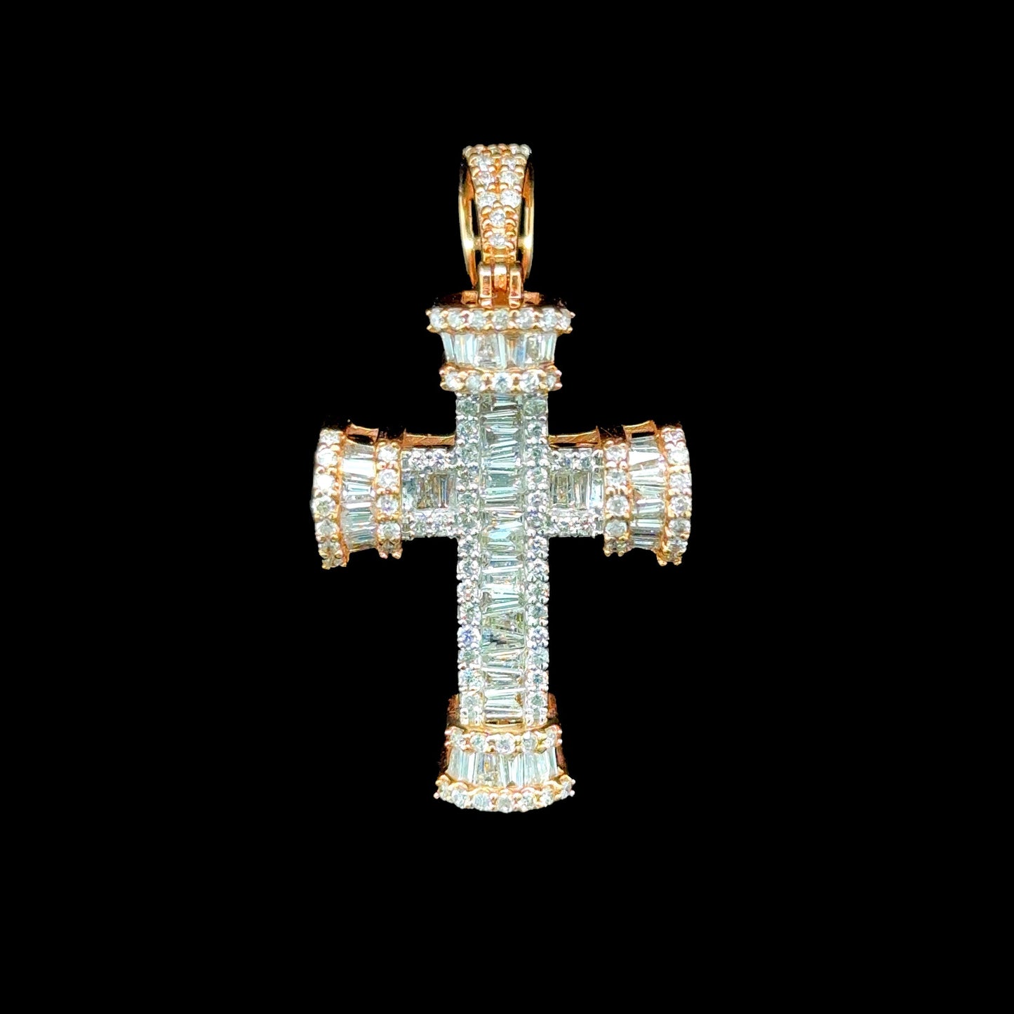 Rose gold cross pendant adorned with 1.72 carats of sparkling diamonds.