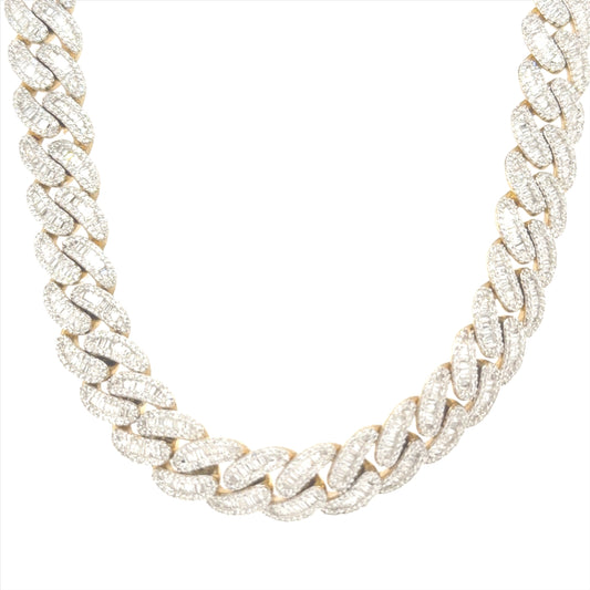 10K yellow gold Cuban link chain featuring 14.35 carats of SI clarity, GH color diamonds