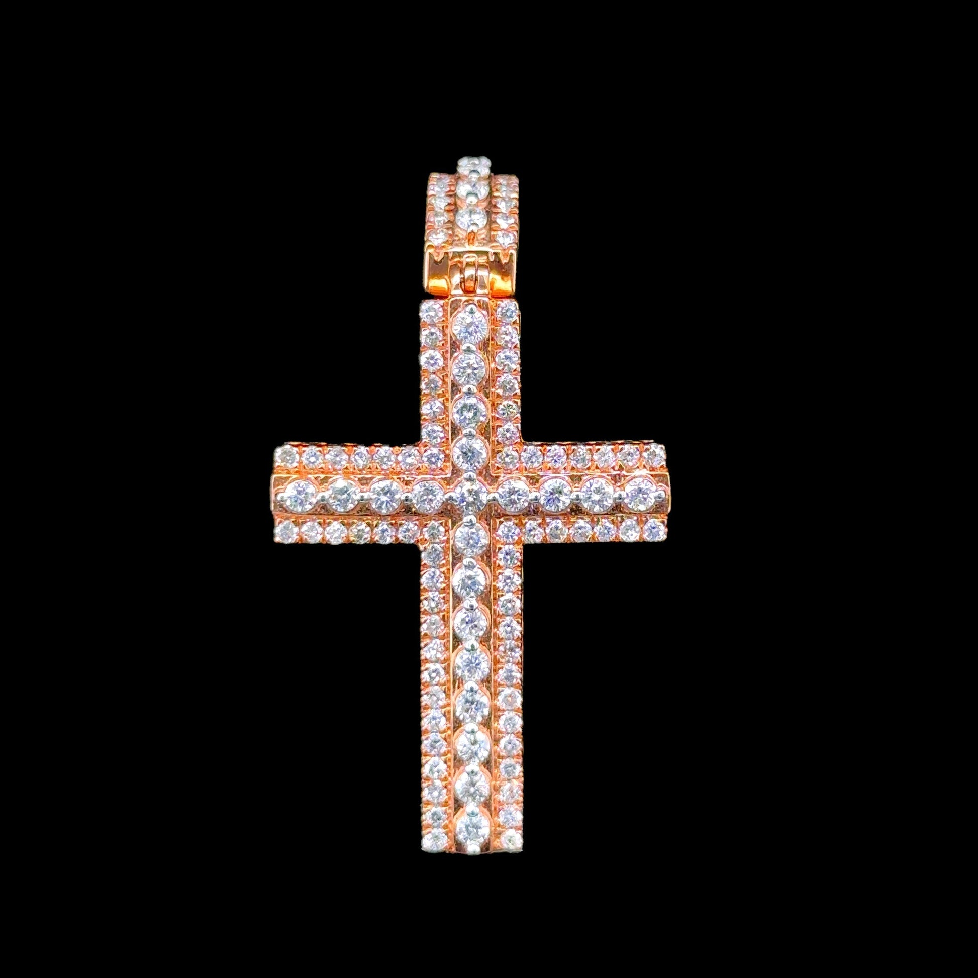 Rose gold cross pendant adorned with 1.75 carats of sparkling diamonds.