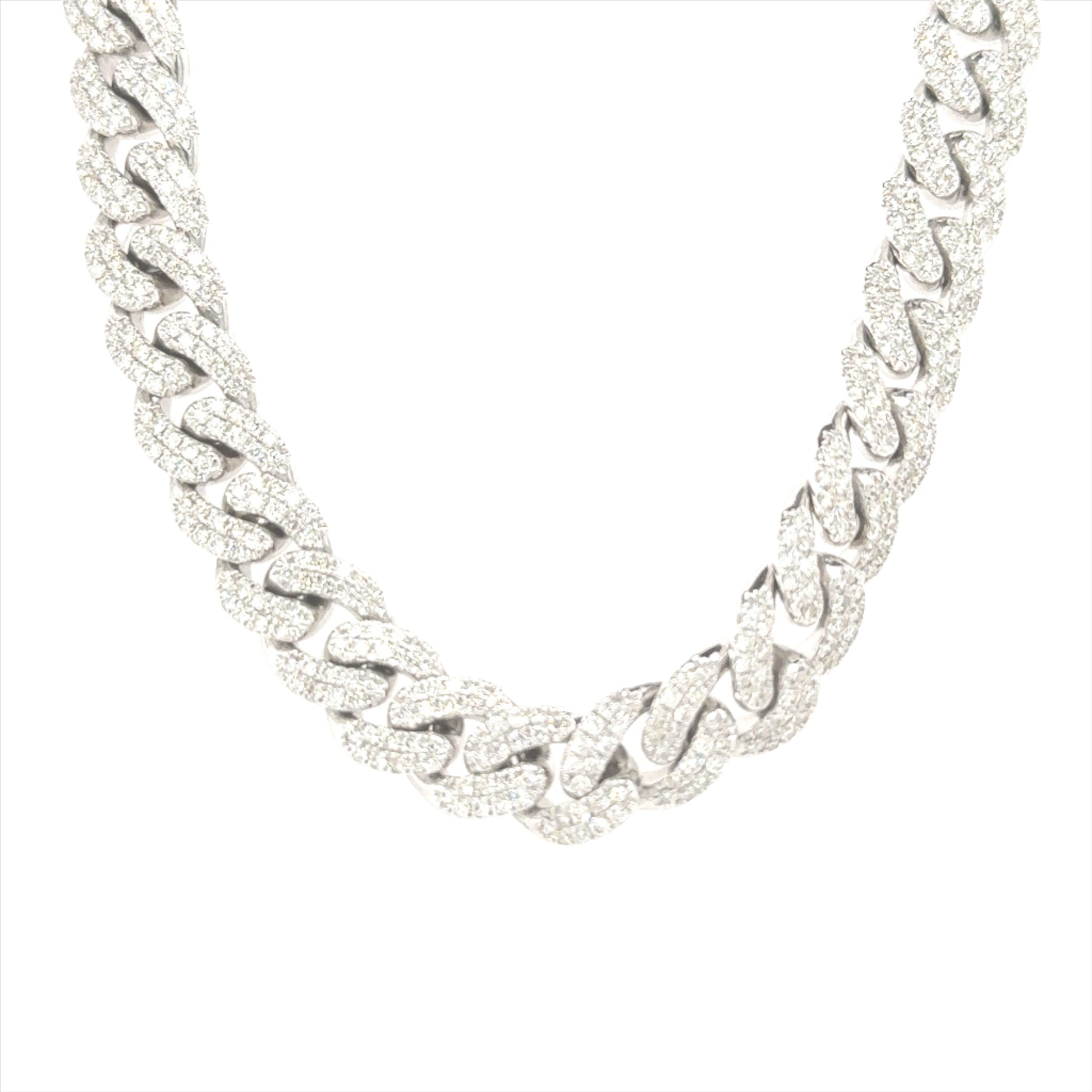 10K white gold 10mm Cuban link chain featuring 14.50 carats of VS-SI clarity, GH color diamonds.