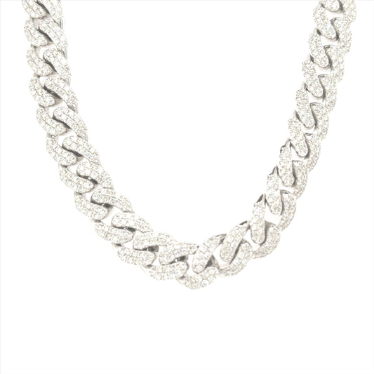 10K white gold 10mm Cuban link chain featuring 14.50 carats of VS-SI clarity, GH color diamonds.