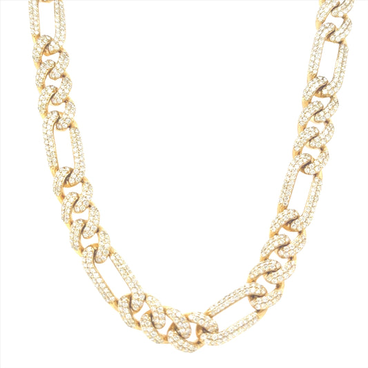 10K yellow gold Figaro Cuban link necklace featuring 11.26 carats of VS-SI clarity, GH color diamonds.