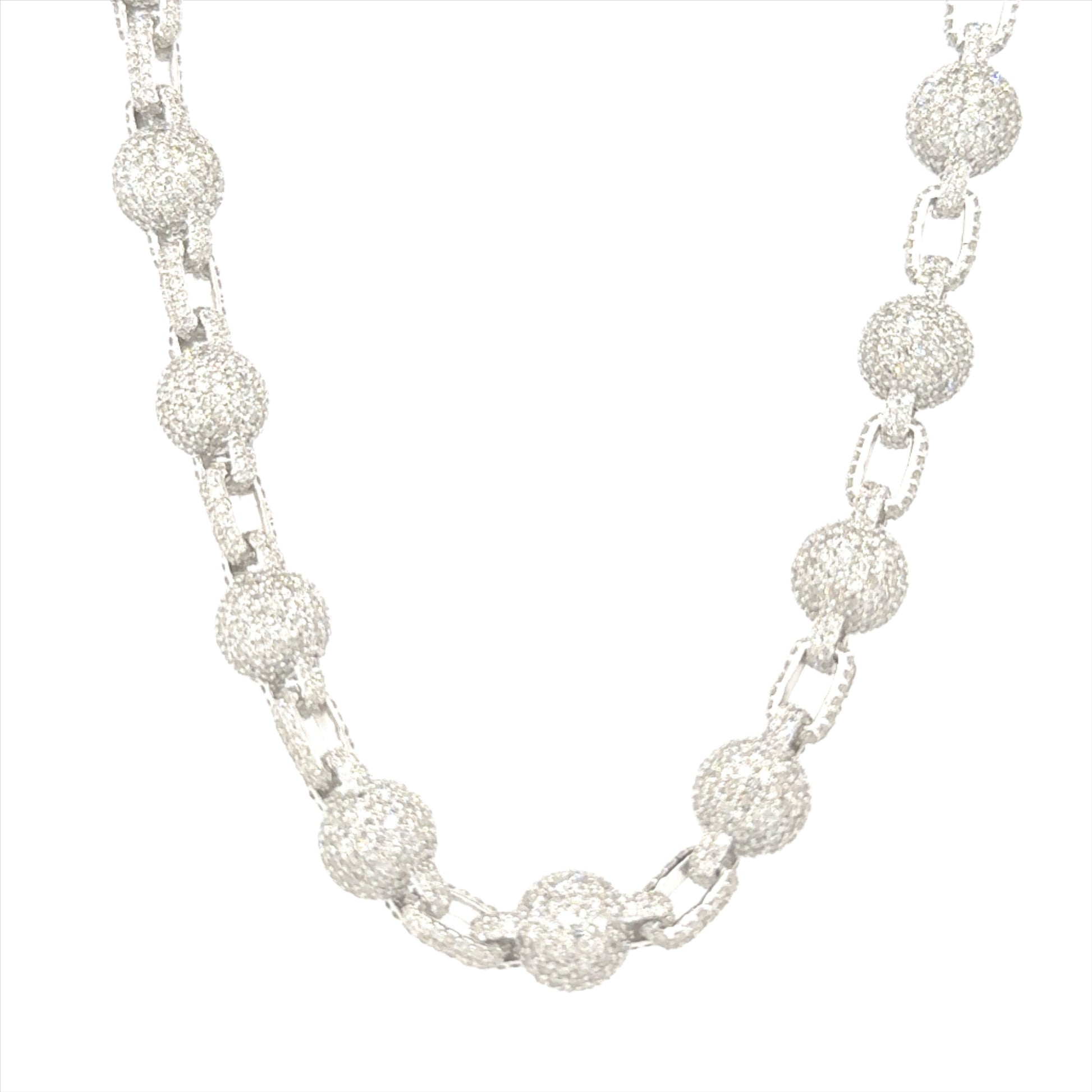 10K white gold round ball necklace featuring 40.68 carats of VS clarity, GH color diamonds.