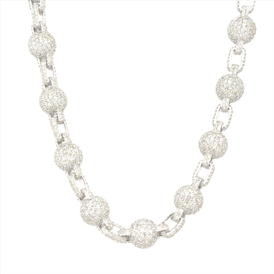10K white gold round ball necklace featuring 40.68 carats of VS clarity, GH color diamonds.