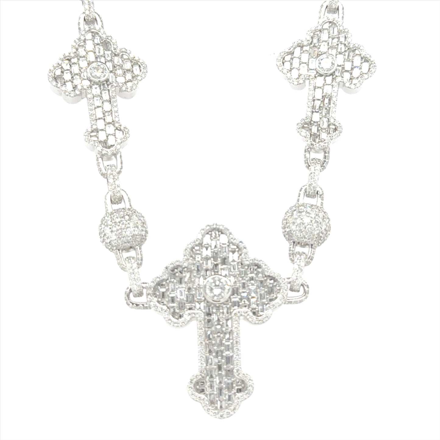 10K white gold cross and ball necklace featuring 28.32 carats of VS clarity, GH color diamonds.