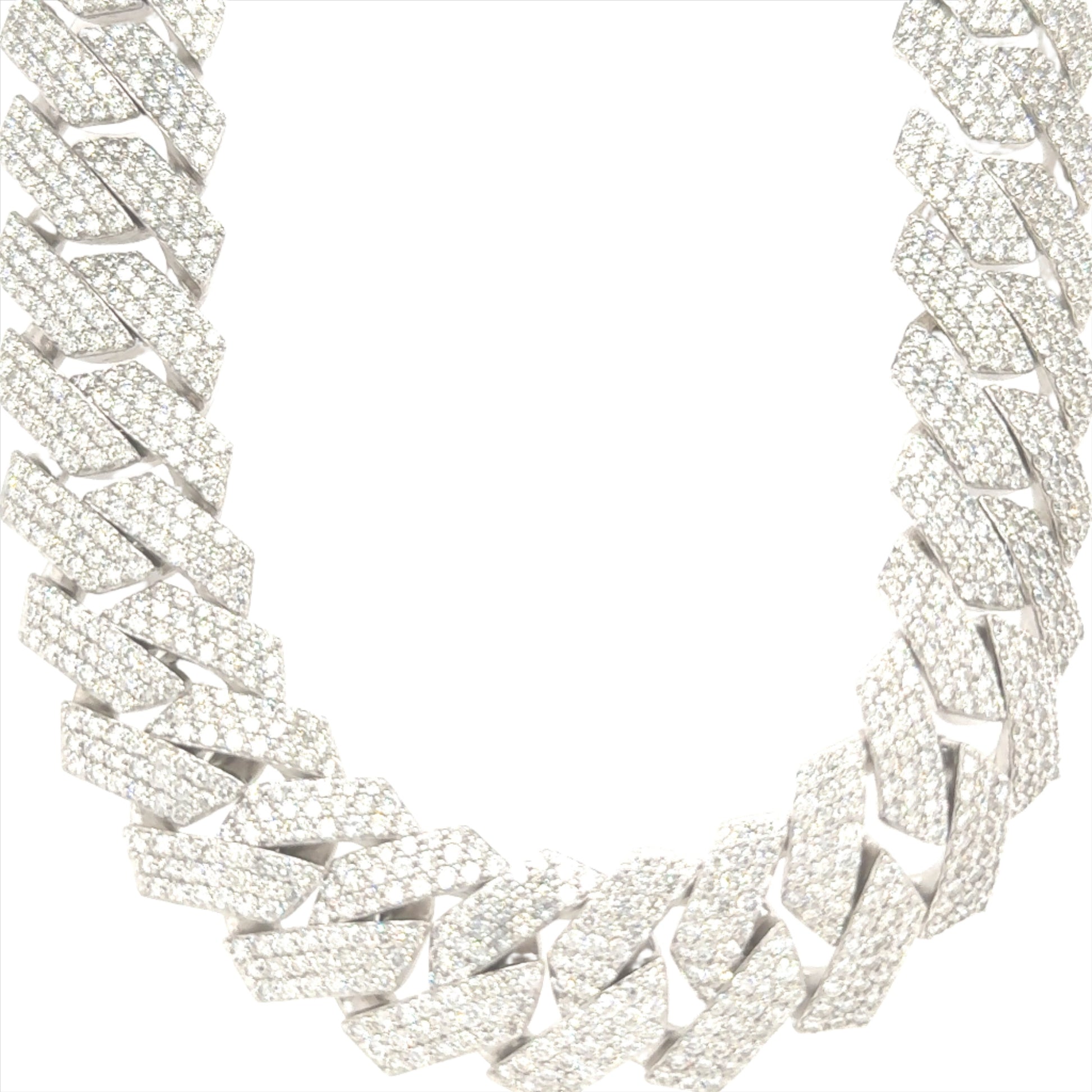 10K white gold 18mm Cuban link chain featuring 43.73 carats of VS clarity, GH color diamonds. 