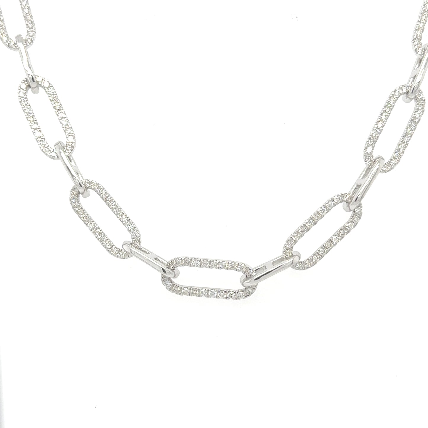 14K white gold diamond link necklace with 4.09 carats of sparkling diamonds, 18 inches long.