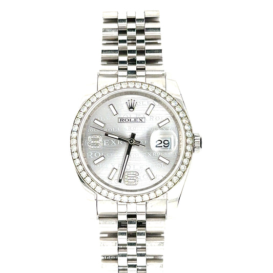 Rolex Datejust 36mm (Model 116244) watch from 2013, featuring a factory diamond bezel and dial.