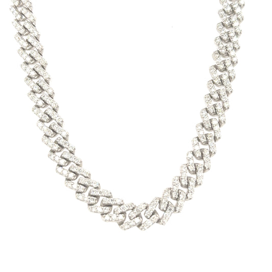 Striking 10K white gold 8mm Cuban link necklace featuring 13.54 carats of dazzling diamonds