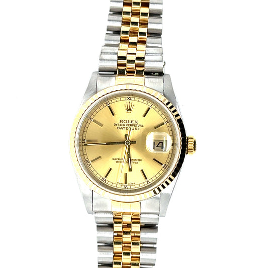 Rolex Datejust 36mm watch (Model 16233) from 2000, featuring a two-tone gold and steel design.