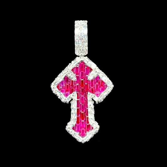 14K white gold cross pendant featuring 2.20 carats of VS clarity, FG color diamonds and 2.83 carats of fiery rubies