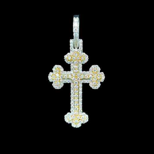 Yellow and white gold diamond cross pendant, featuring 1.67 carats of diamonds.