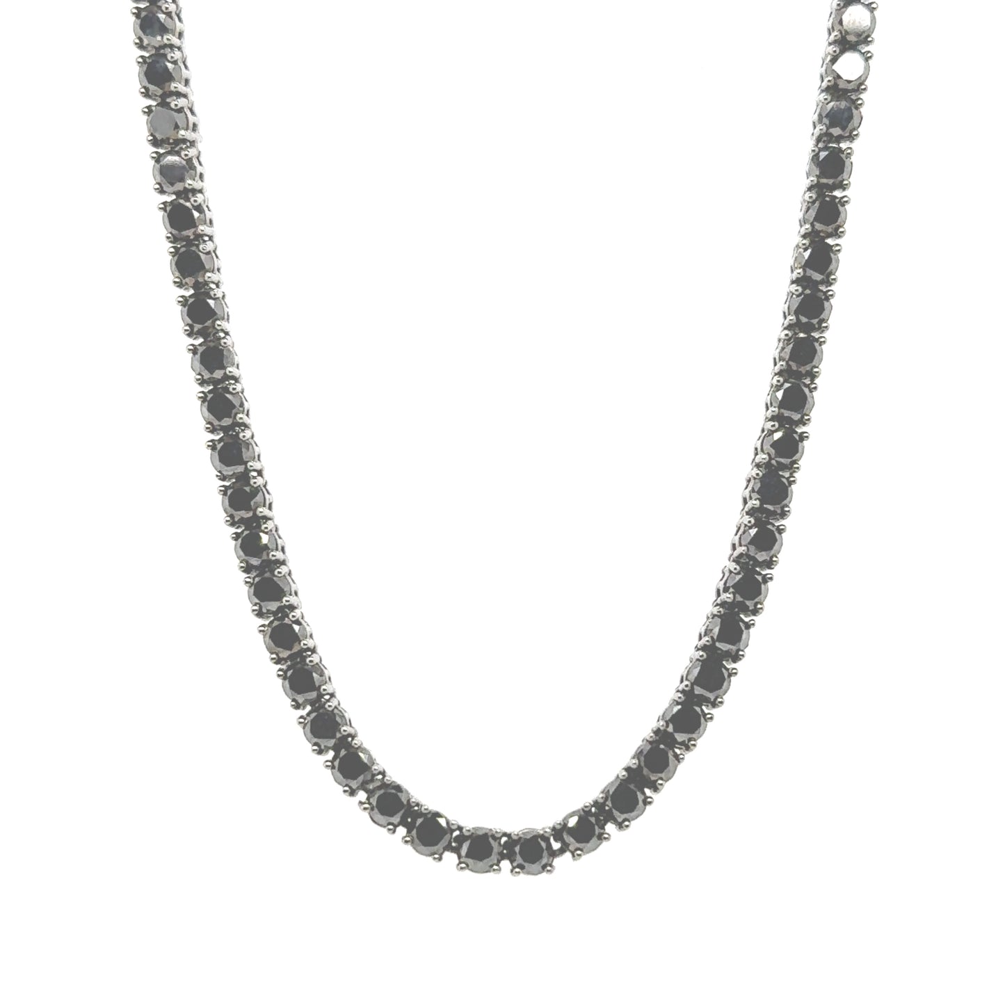 14K black gold tennis necklace featuring 21.28 carats of black diamonds.