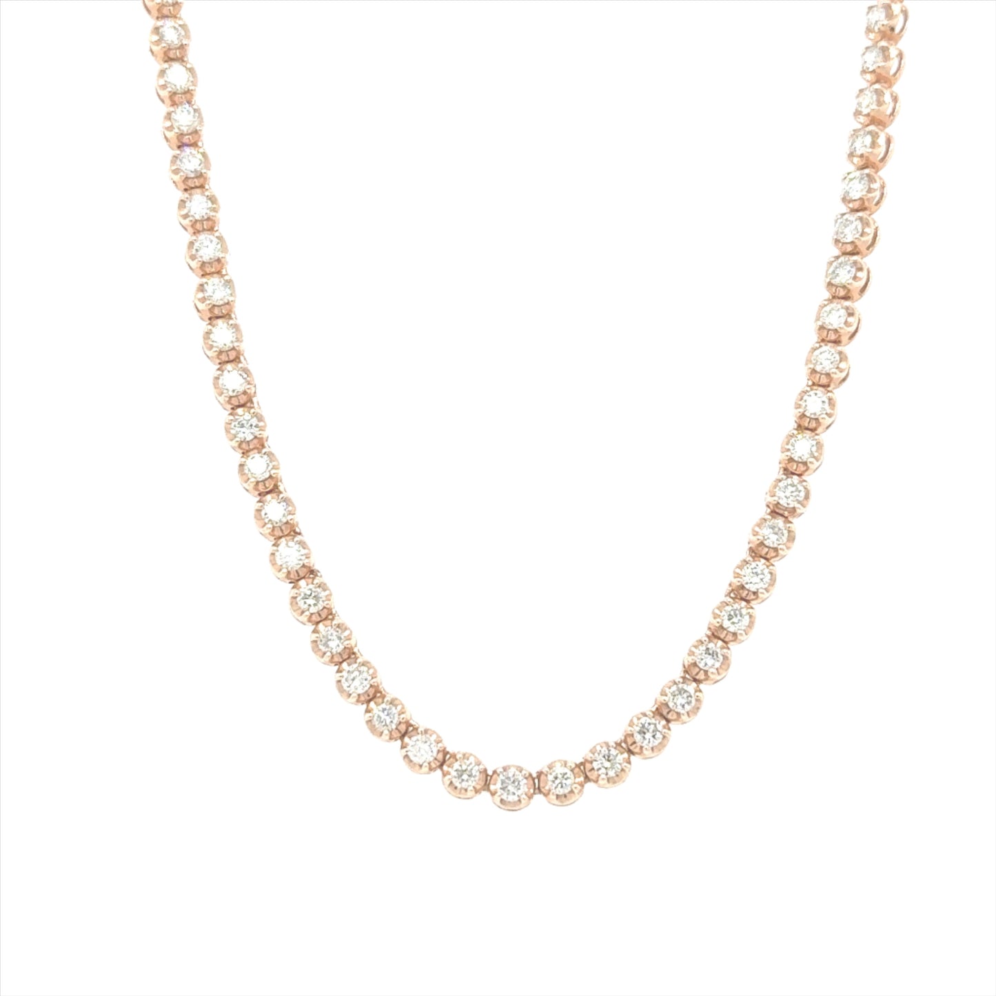 14K rose gold tennis necklace featuring 4.98 carats of VS-SI clarity, H color diamonds.